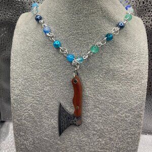 Handmade Witch B*tch Multi Shade Blue Glass and Real Blade Ax Necklace